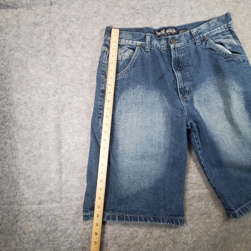 True Rock Denim Shorts Men 34 Blue Relaxed Fit Sandblasted Fade Y2K Skater Baggy